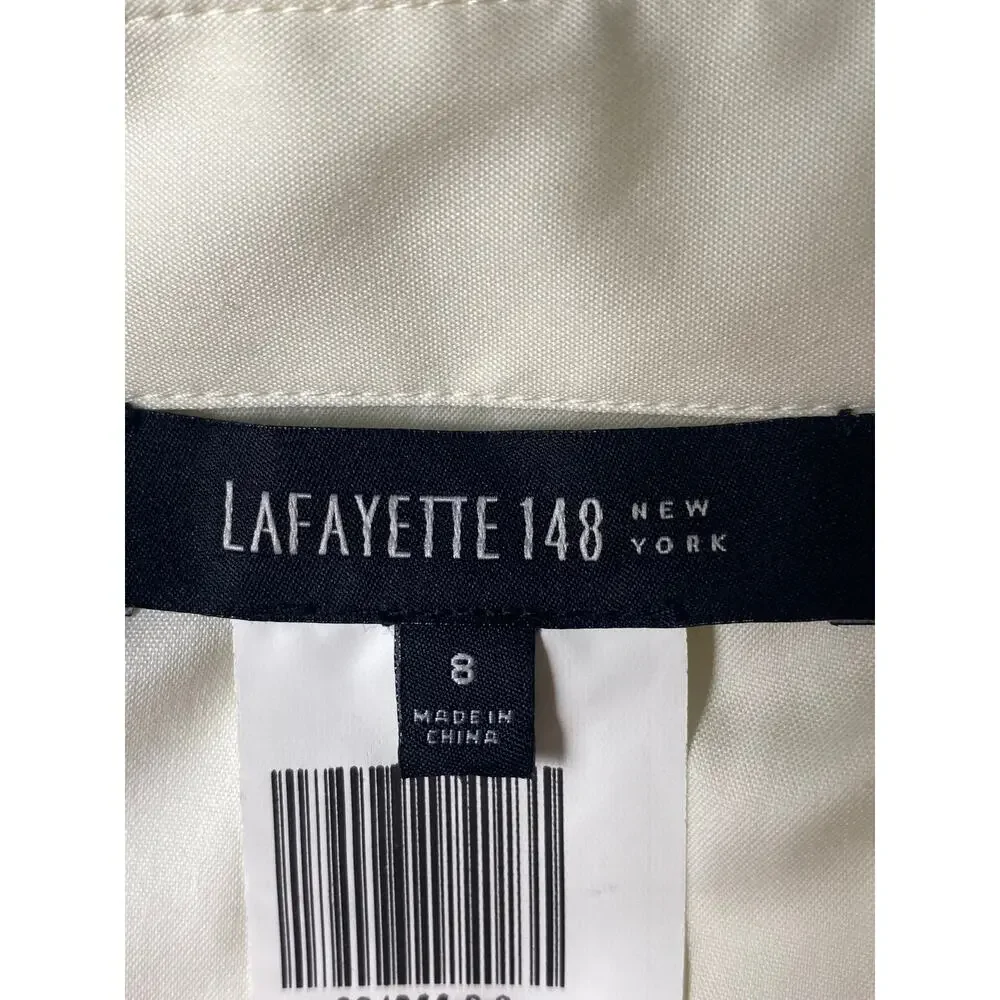 Lafayette 148 Classic Ivory Button Collared Blouse Silver Vertical Detail Size 8 - Picture 3 of 9